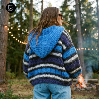 Strikkeopskrift - MYPZ Hooded Chunky Mohair Bomber Cardigan Blue No.15 (ENG-DE-NL-ES-FR-IT-DA-SV-NO)