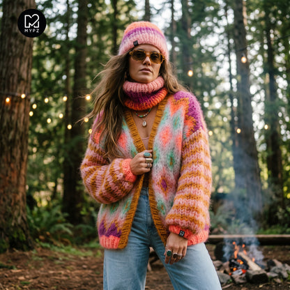 Strikkeopskrift – Chunky Mohair-jakke Flora nr.12 (ENG-DE-NL-ES-FR-IT-DA-SV-NO)