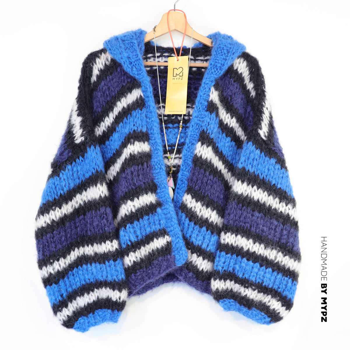 Strikkeopskrift - MYPZ Hooded Chunky Mohair Bomber Cardigan Blue No.15 (ENG-DE-NL-ES-FR-IT-DA-SV-NO)
